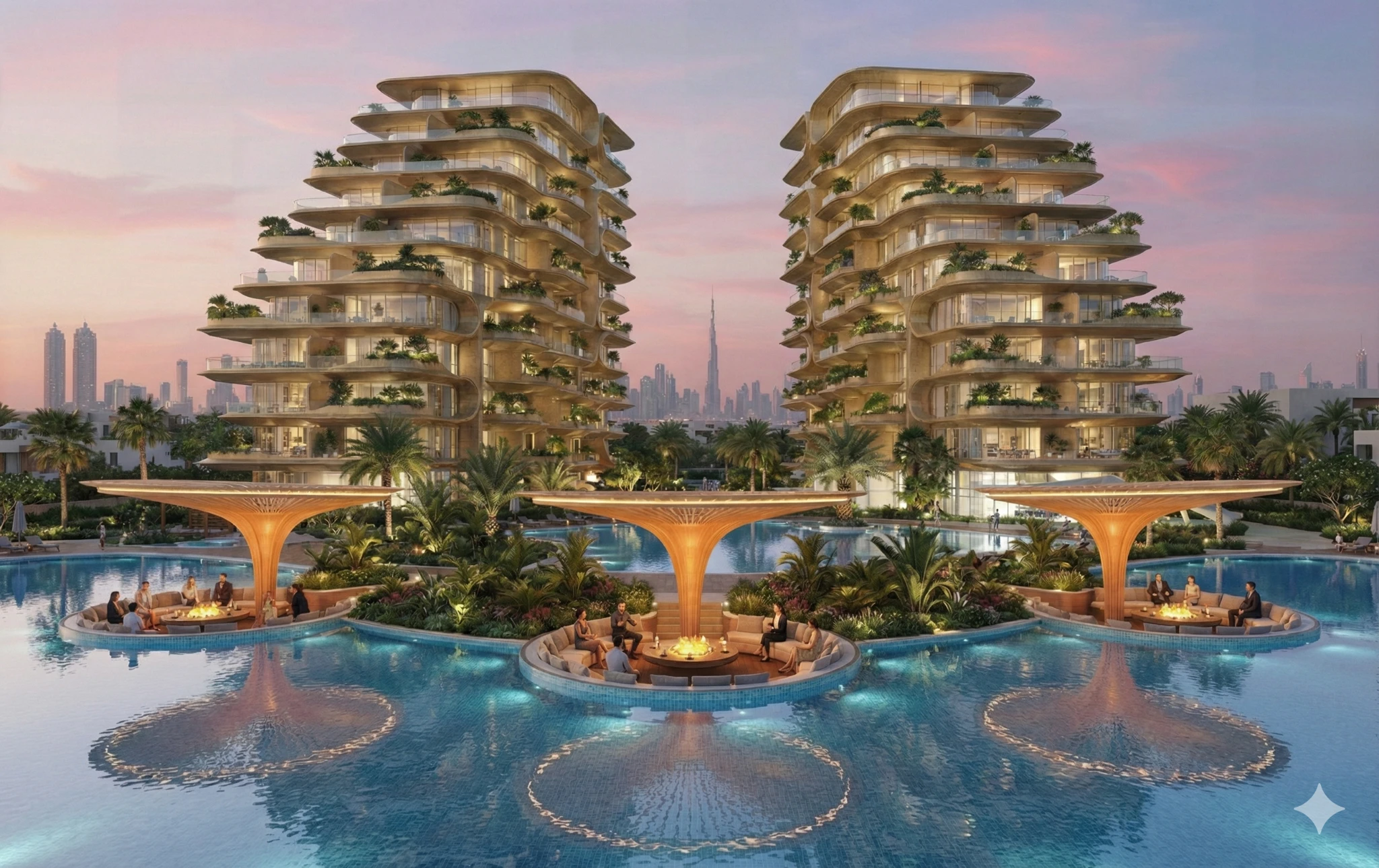 Terraced residential towers surrounding landscaped pools at dusk