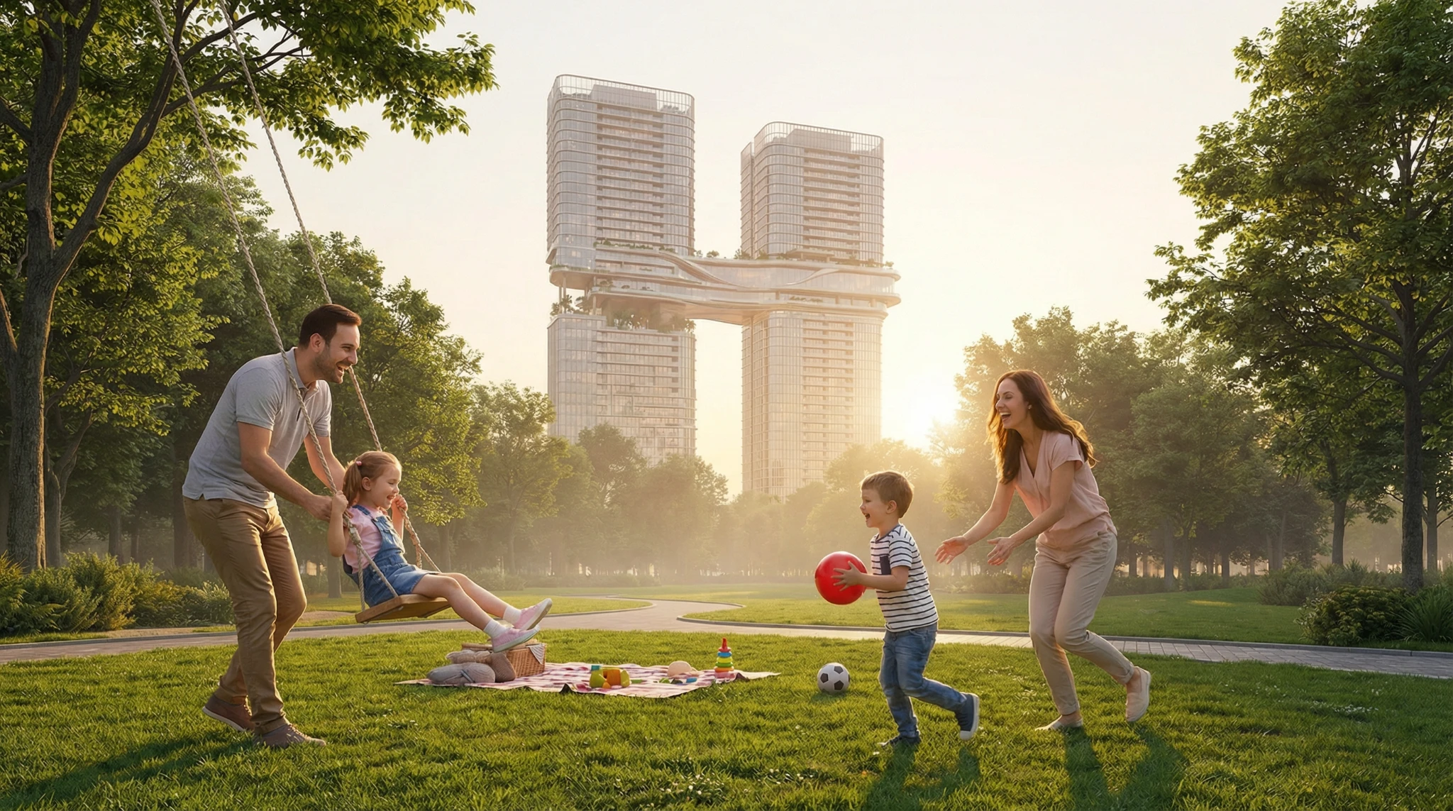 Family enjoying a landscaped park with connected towers beyond