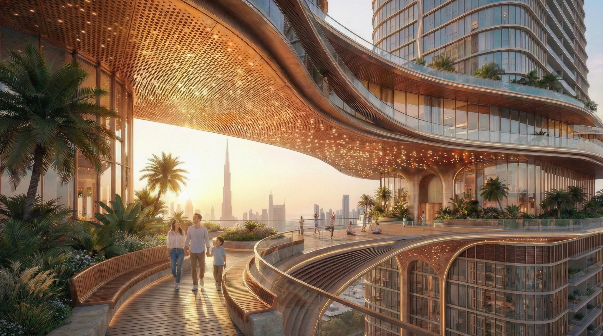 Curving landscaped terrace beneath a golden sculptural soffit with the Dubai skyline beyond
